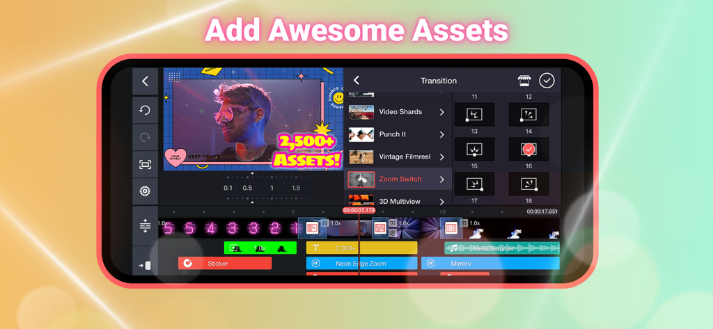 Interfaz de edición de video móvil KineMaster mostrando el menú de transiciones y las opciones de la tienda de recursos