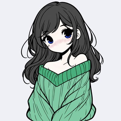 shy pretty girl wearing a sweater that is falling off one shoulder portrait