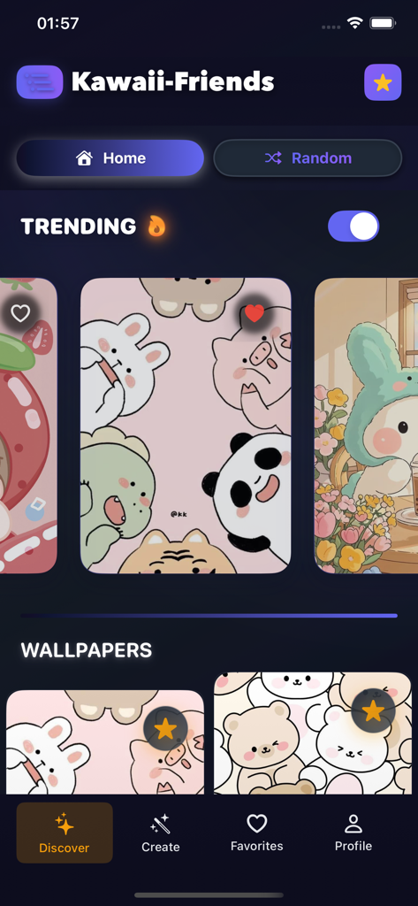 Kawaii Friends Wallpapers - Interfaz de la aplicación Fondos de Pantalla Kawaii Friends mostrando una colección de lindos fondos de animales en colores pastel