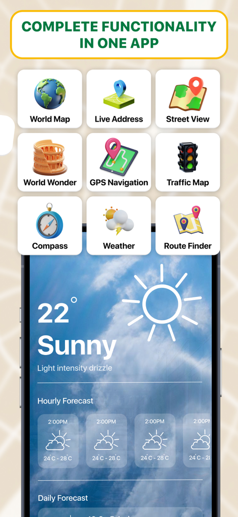 Uma interface de aplicativo móvel exibindo ícones de navegação e uma tela de previsão do tempo ao vivo