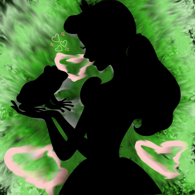 a shadow of a princess holding a frog realistic