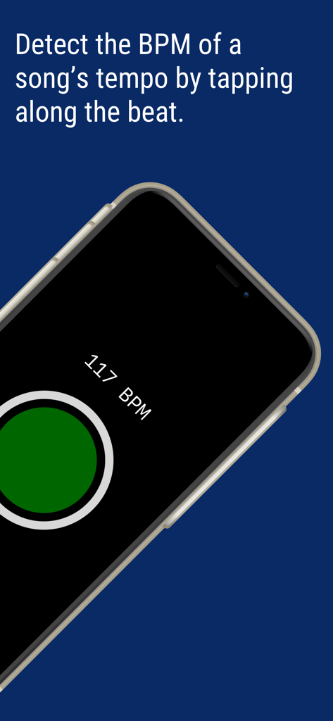 Tap That Tempo app interface showing 117 BPM and a green tapping button on an iPhone