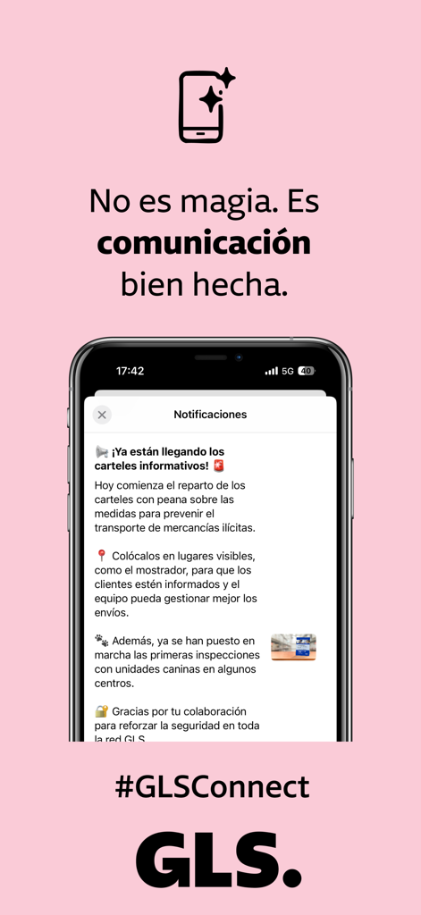 GLS Connect - Interface do aplicativo GLS Connect mostrando notificações internas e comunicação corporativa em uma tela de smartphone.
