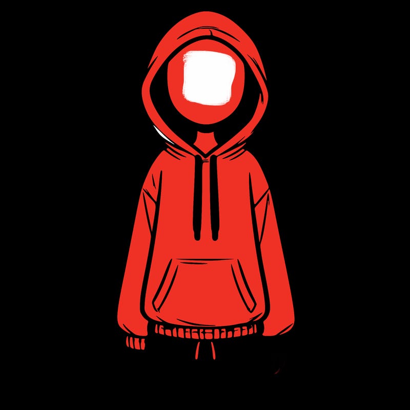 faceless girl in a tracksuit with a hood on and no hair