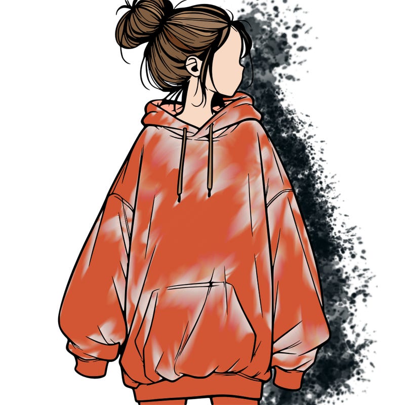 realistic girl with a oversized sweatshirt on and a bun