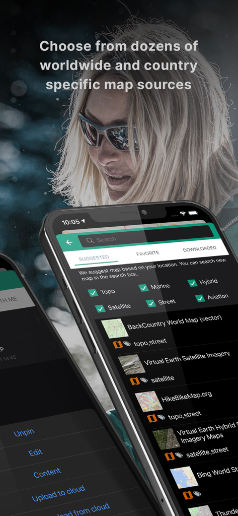 BackCountry Navigator XE app interface showing various worldwide topographic and satellite map source options.