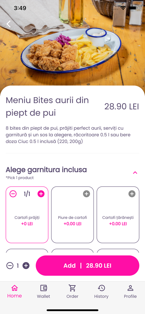 Zizam - Zizam app interface showing a chicken bites menu item with side dish selection options