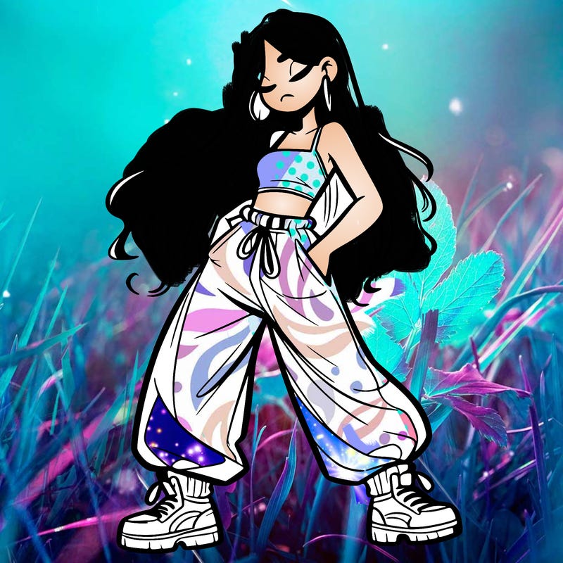 girl in baggy pants crop top and long hair