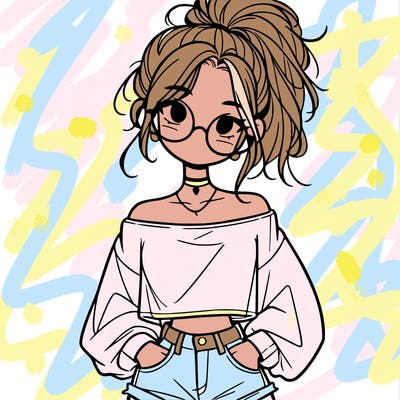 girl with a messy ponytail glasses a baggy crop top and jean shorts