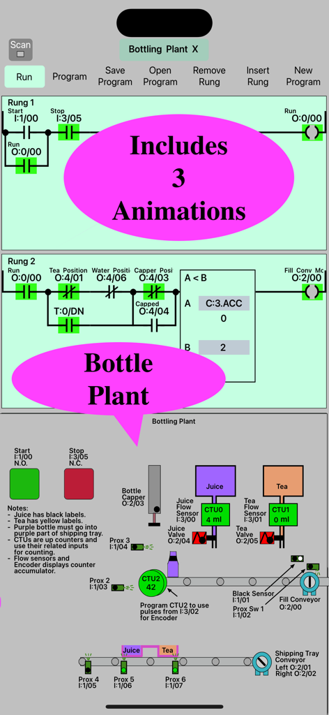 PLC Simulator 2のスクリーンショットで、ラダーロジックプログラミングラングとインタラクティブなボトリングプラントシミュレーションが表示されています