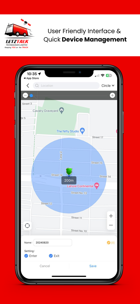 Interface cartographique de géolocalisation de l'application LetzTalk Video affichant une géolocalisation circulaire de 200m pour la surveillance des actifs en temps réel.