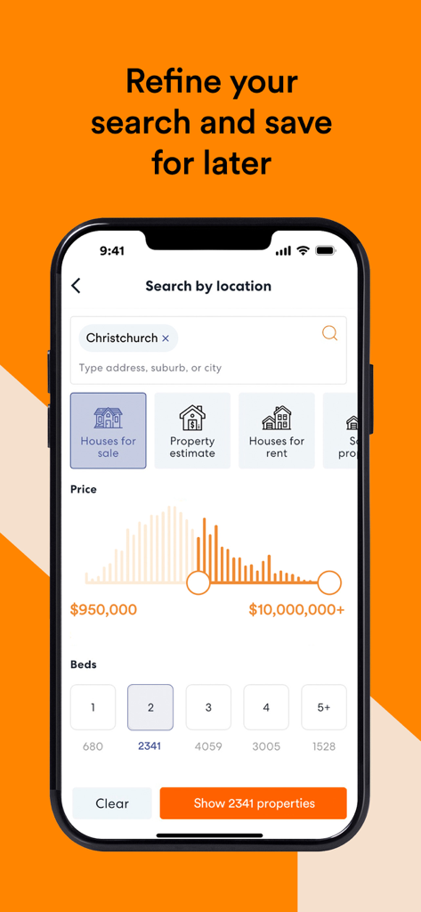 Mobile screen of the OneRoof app showing property search filters including a price range histogram and bedroom count selection for houses in Christchurch.