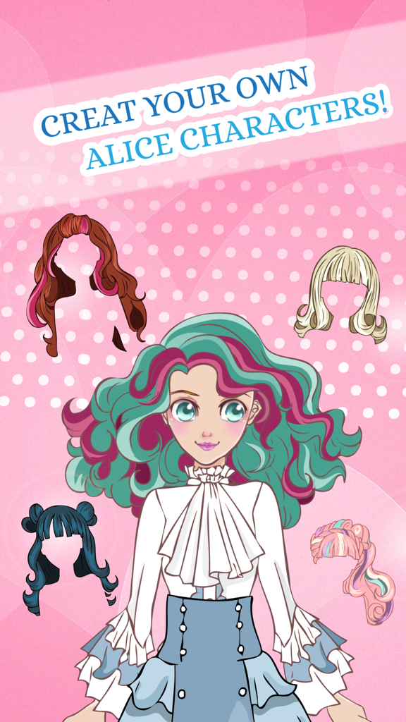 Alice Princess Games 2 - Dress Up Games for Girls - Character customization screen showing a girl with colorful hair and multiple hairstyle options in Alice Princess Games 2.
