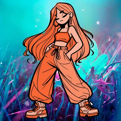 girl in baggy pants crop top and long hair