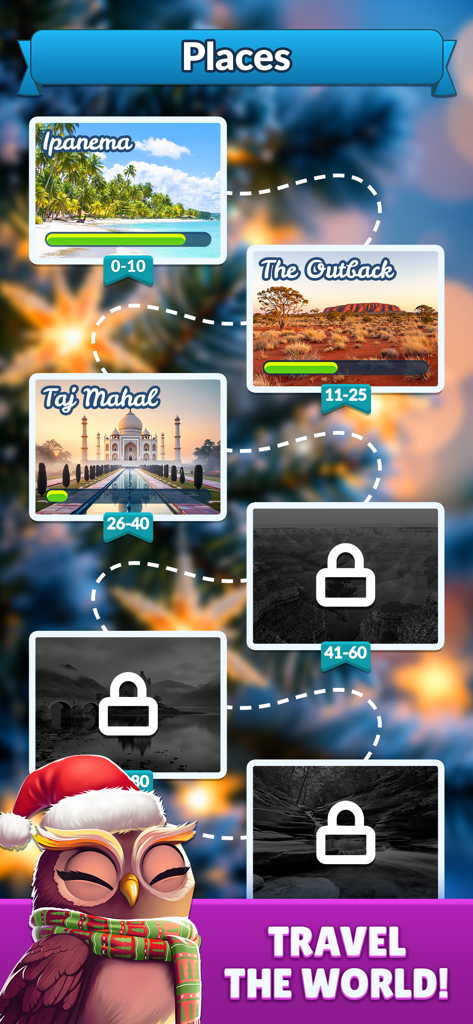 Wordscapes Solitaire Word Game - Wordscapes Solitaireのレベル進行マップ。アンロックするための景色の良い世界旅行の目的地が表示されています。