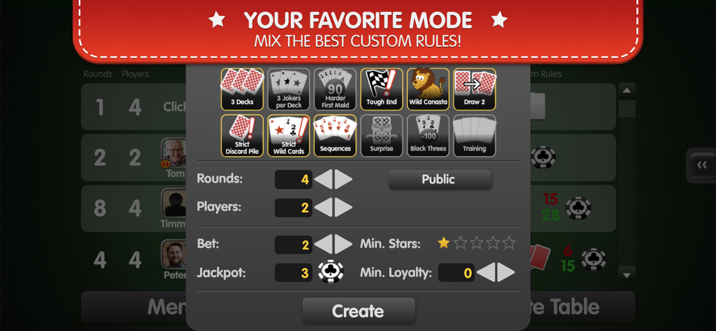 Canasta Palace - Custom rule settings and match options in the Canasta Palace app