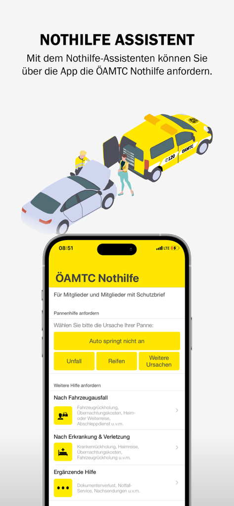 Interfaz del asistente de emergencia de la aplicación OEAMTC para solicitudes de asistencia en carretera