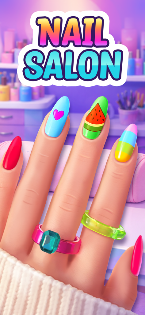 Nail Games: Salon for Girls - Colorful nail art designs including a watermelon and heart pattern with decorative rings in a virtual nail salon.