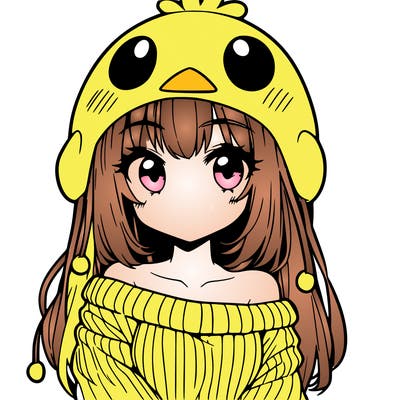 anime girl with chick shaped hat with sweater with bare shoulders with bangs covering them one eye with low tail