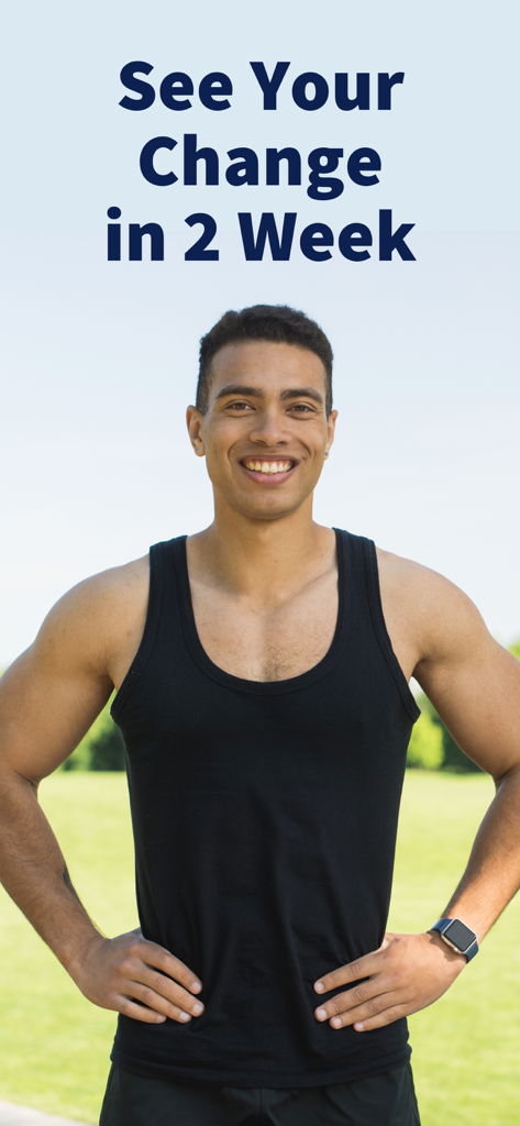 Um homem sorrindo de regata preta usando um smartwatch com o texto 'Veja Sua Mudança em 2 Semanas'.