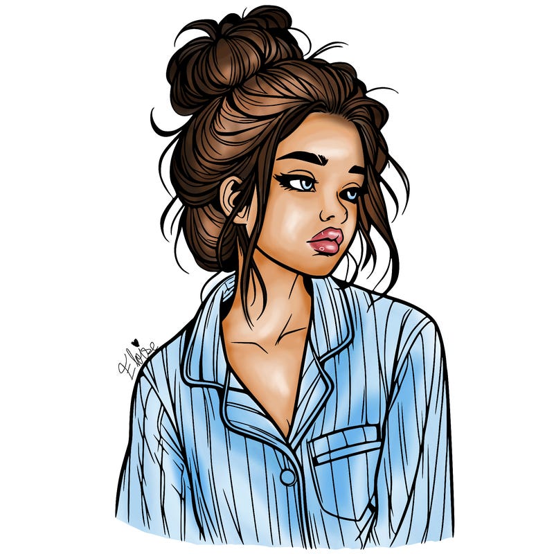 realistic woman with pajamas on and a messy bun