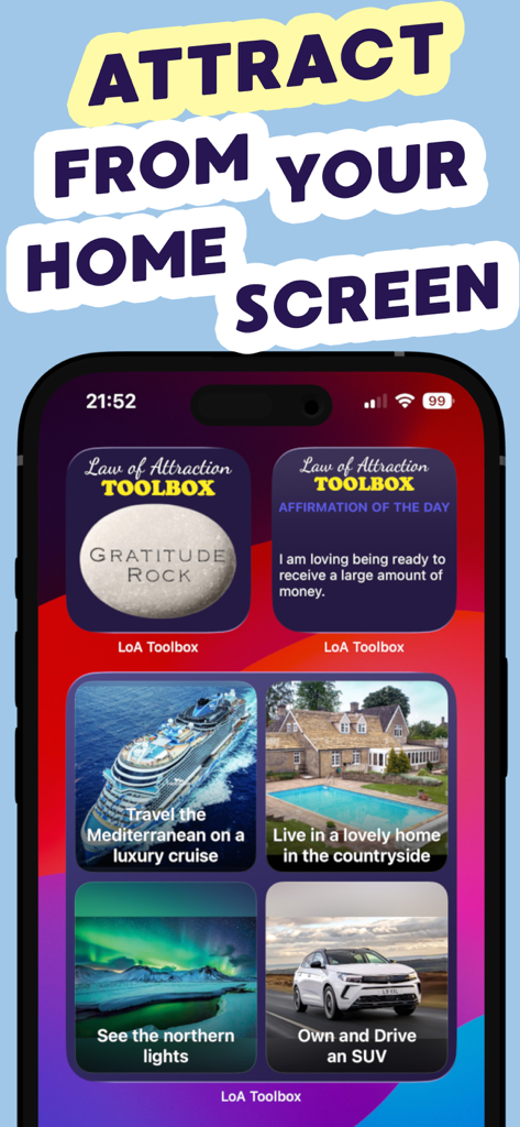 iPhoneのホーム画面。毎日のアファメーションとビジョンボードの引き寄せ目標のための引き寄せの法則ツールボックスのウィジェットが表示されています。