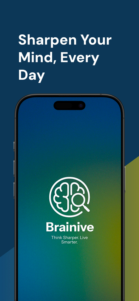 Pantalla de bienvenida de la app Brainive con el texto 'Agudiza tu mente cada día' y un icono de cerebro.