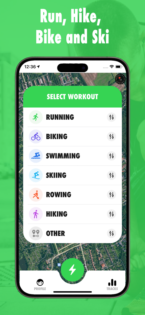@Tracker: Outdoor GPS & Strava - The workout selection screen of the Tracker app with categories for running biking swimming and skiing