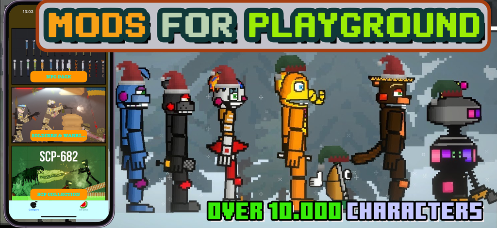 Personajes de pixel art y animatronics con gorros de Navidad en la interfaz de la aplicación Mods para Playground