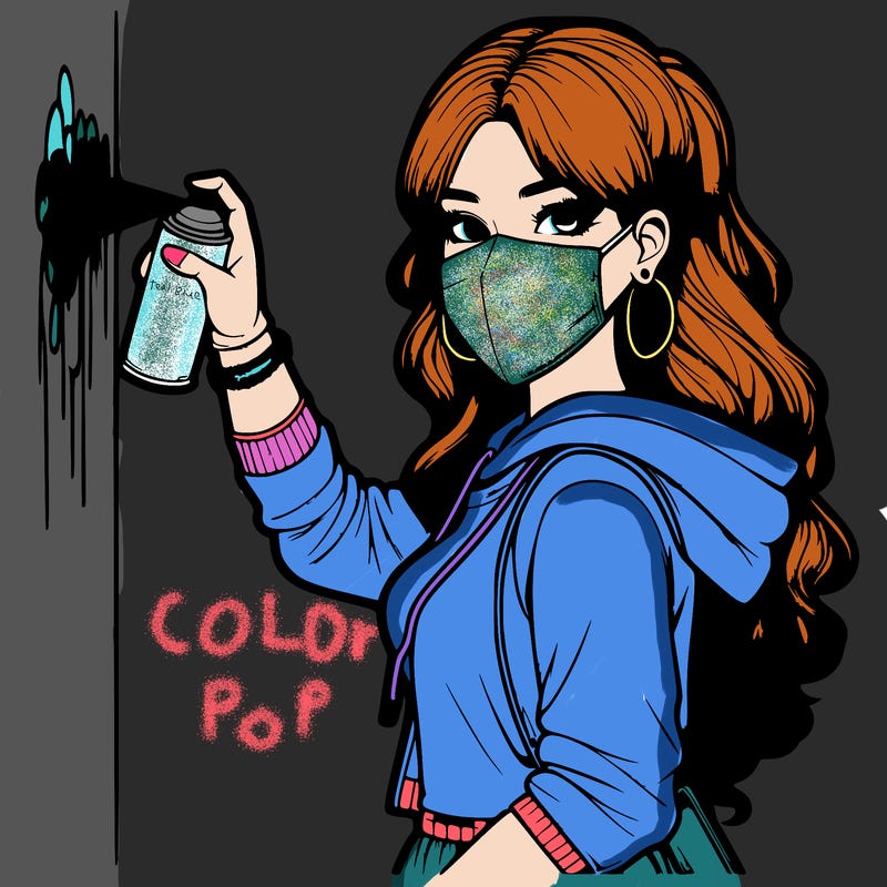 realistic girl with mask spray painting a wall