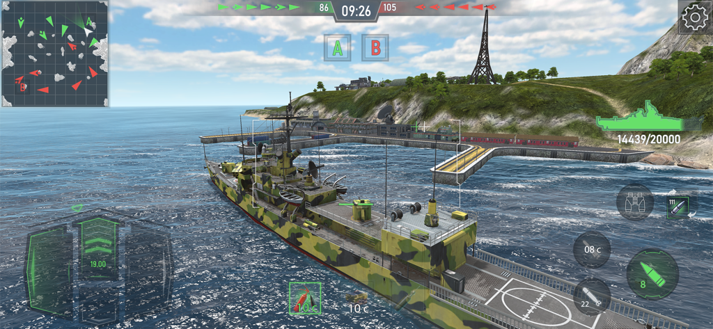 Vista en tercera persona de un buque de guerra camuflado navegando cerca de una costa en una batalla naval táctica