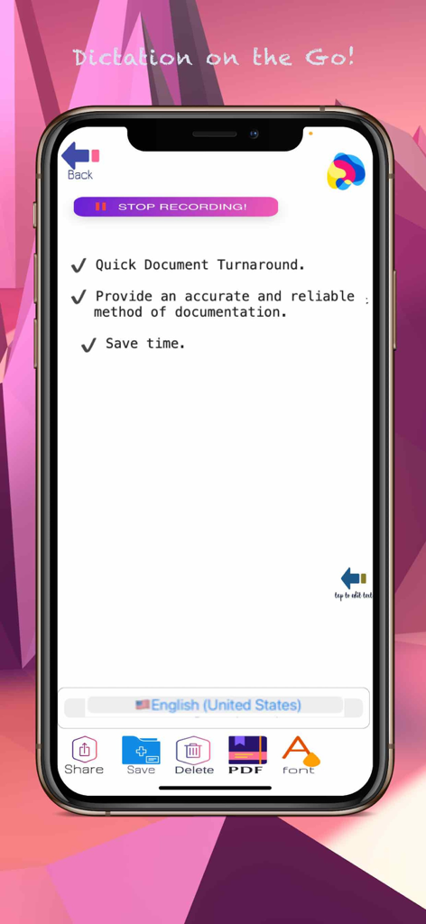 Mobile app interface showing real-time voice dictation with features to save as PDF and share documents