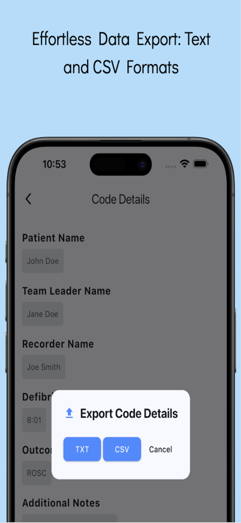 Uma interface de aplicativo móvel para o cronômetro de eventos de RCP Code Blue mostrando opções de exportação de dados nos formatos texto e csv