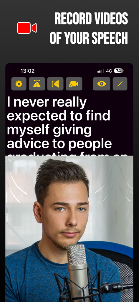 Teleprompter Pro X For Video - A creator recording a video with a scrolling script displayed on the Teleprompter Pro X app interface.
