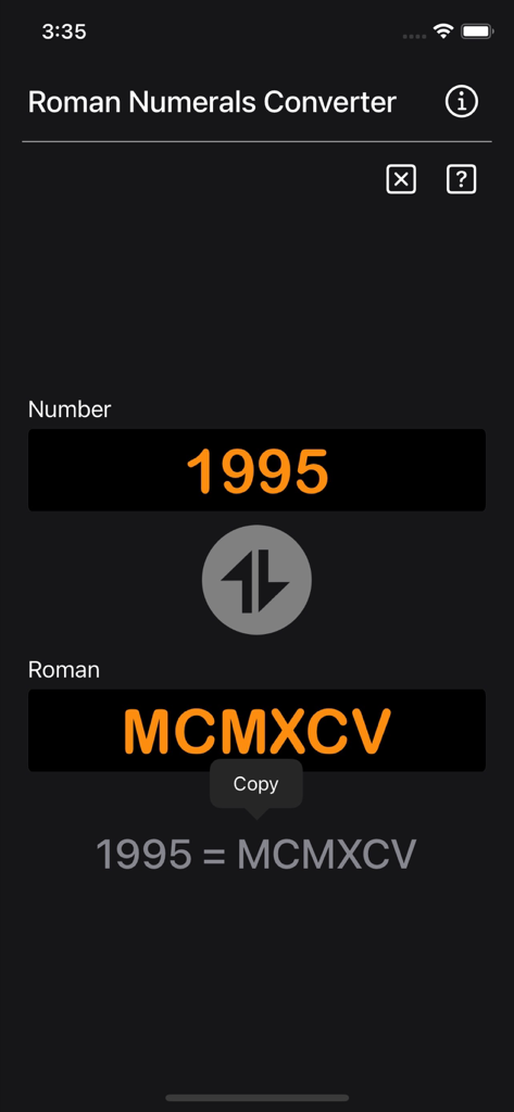 App interface showing the conversion of 1995 to MCMXCV in Roman numerals