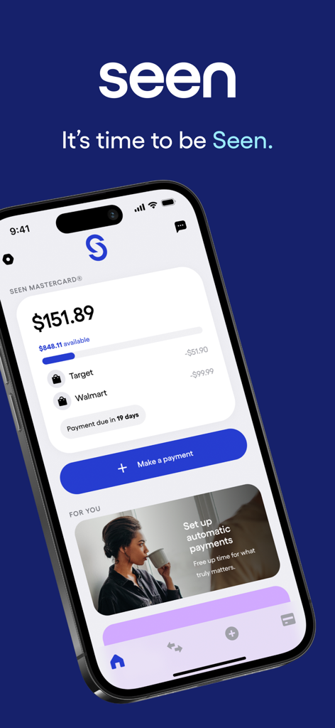 Seen Mobile - Build Credit - Tableau de bord de l'application Seen Mobile montrant le solde de la Mastercard et l'historique des transactions