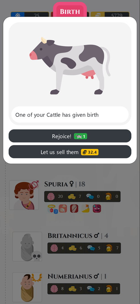 Una ventana emergente de evento del juego que muestra que una vaca ha dado a luz con opciones para conservar o vender en Ciudadano de Roma