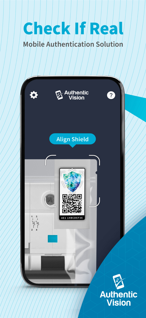 Authentic Vision - CheckIfReal - 스마트폰 화면에 CheckIfReal 앱이 인증을 위해 제품의 보안 라벨을 스캔하는 모습