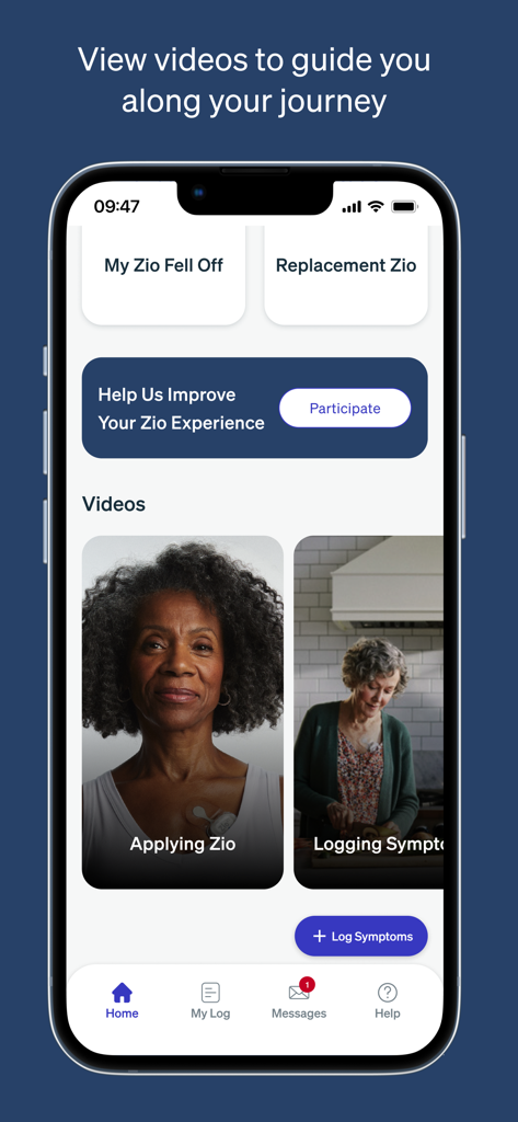 Home screen of the MyZio app featuring instructional videos for ECG monitoring and a button to log symptoms