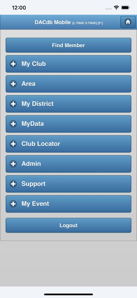 DACdb Mobile - DACdb Mobile home screen with member search and club navigation buttons