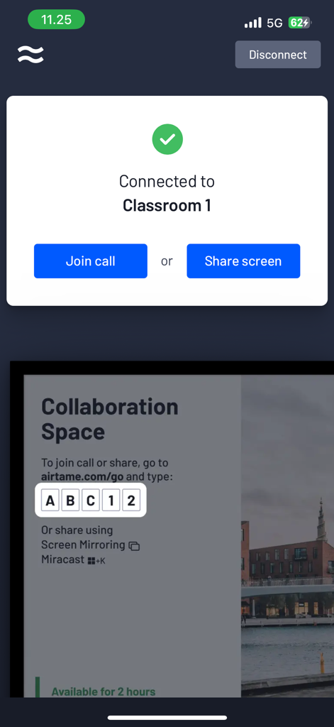 Airtame - Airtame app screen showing a successful connection to Classroom 1 with options to join a call or share screen