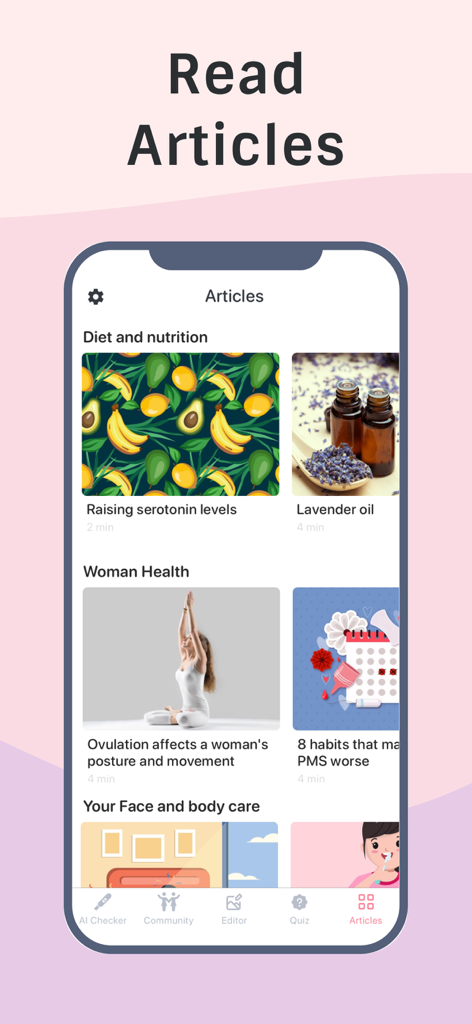 Pregnancy test Checker/Scanner - Articles section of the Pregnancy Test Checker app featuring womens health and nutrition topics