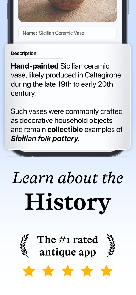 Screenshot of the Relic app showing the historical description and origin of a Sicilian ceramic vase