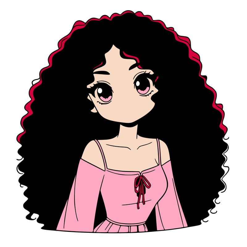 a black anime girl with long afro hair