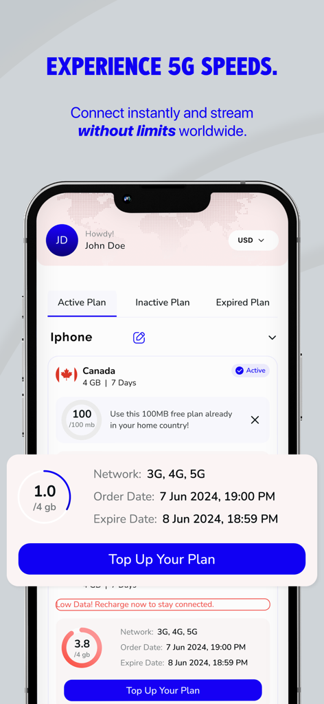 Voye Global app interface showing active travel eSIM plan for Canada with data usage and top up options