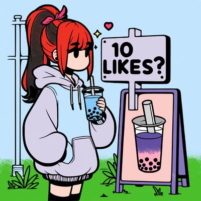 girl with oversized hoodie drinking boba and she has a high ponytail with a sign that says 10likes?