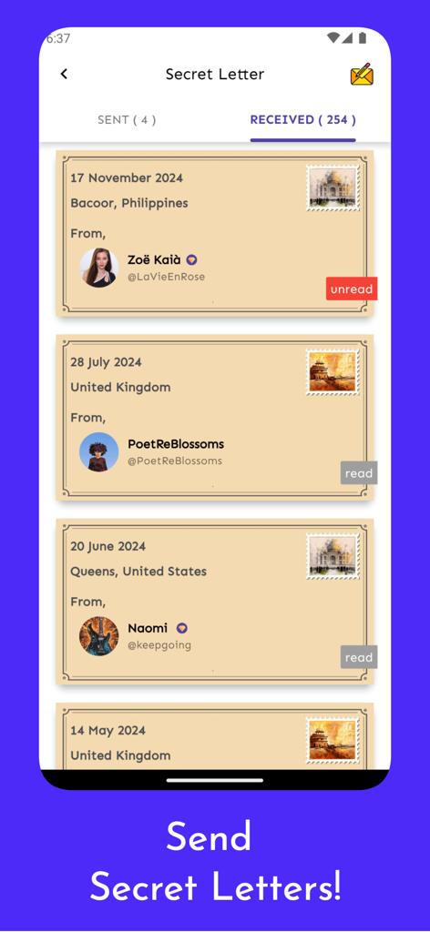 Una interfaz móvil de la aplicación Writco que muestra cartas secretas digitales recibidas con estilo de postales vintage de varias ubicaciones globales.