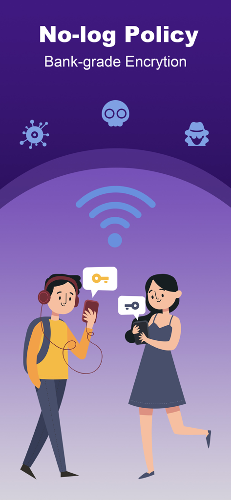 2人の人物がWiFi信号の下でスマートフォンを安全に使用している様子を示すグラフィック。ノーログポリシーと銀行グレードの暗号化に関するテキストが表示されています