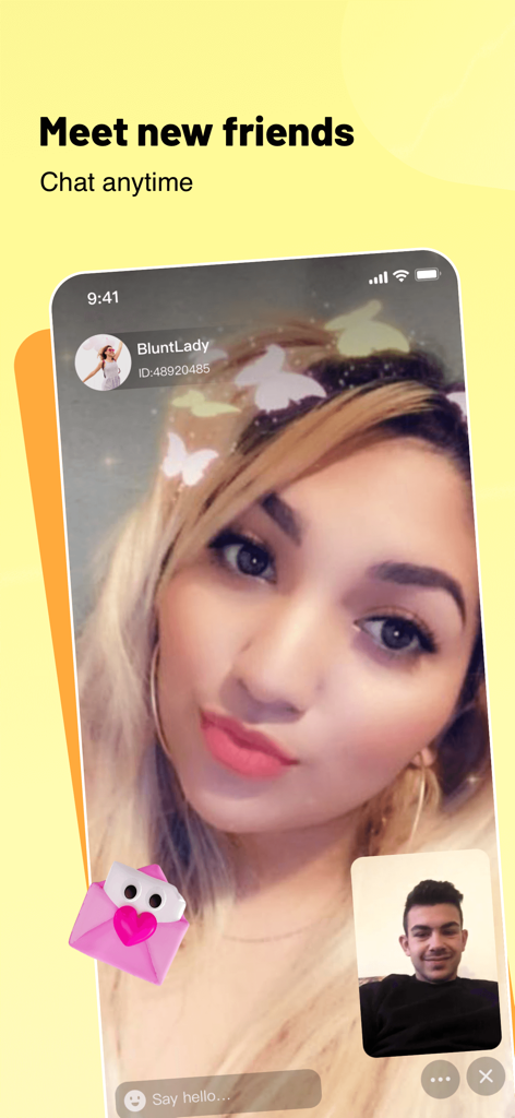 Hippo - Live Video Chat - A mobile app interface of Hippo showing two people in a live video call with the text Meet new friends