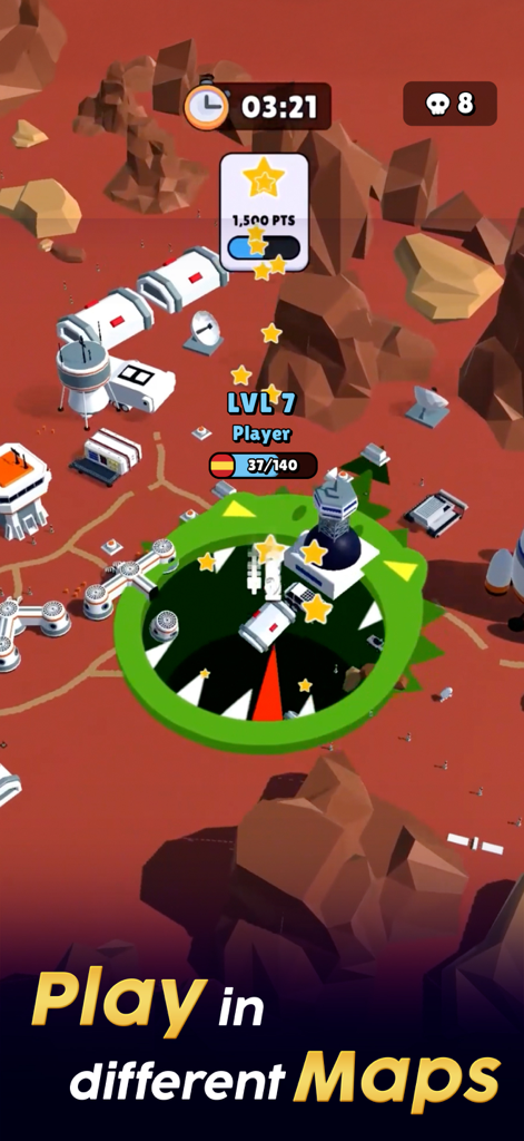 A green monster skin hole swallowing structures on a red Mars map in Hole.io